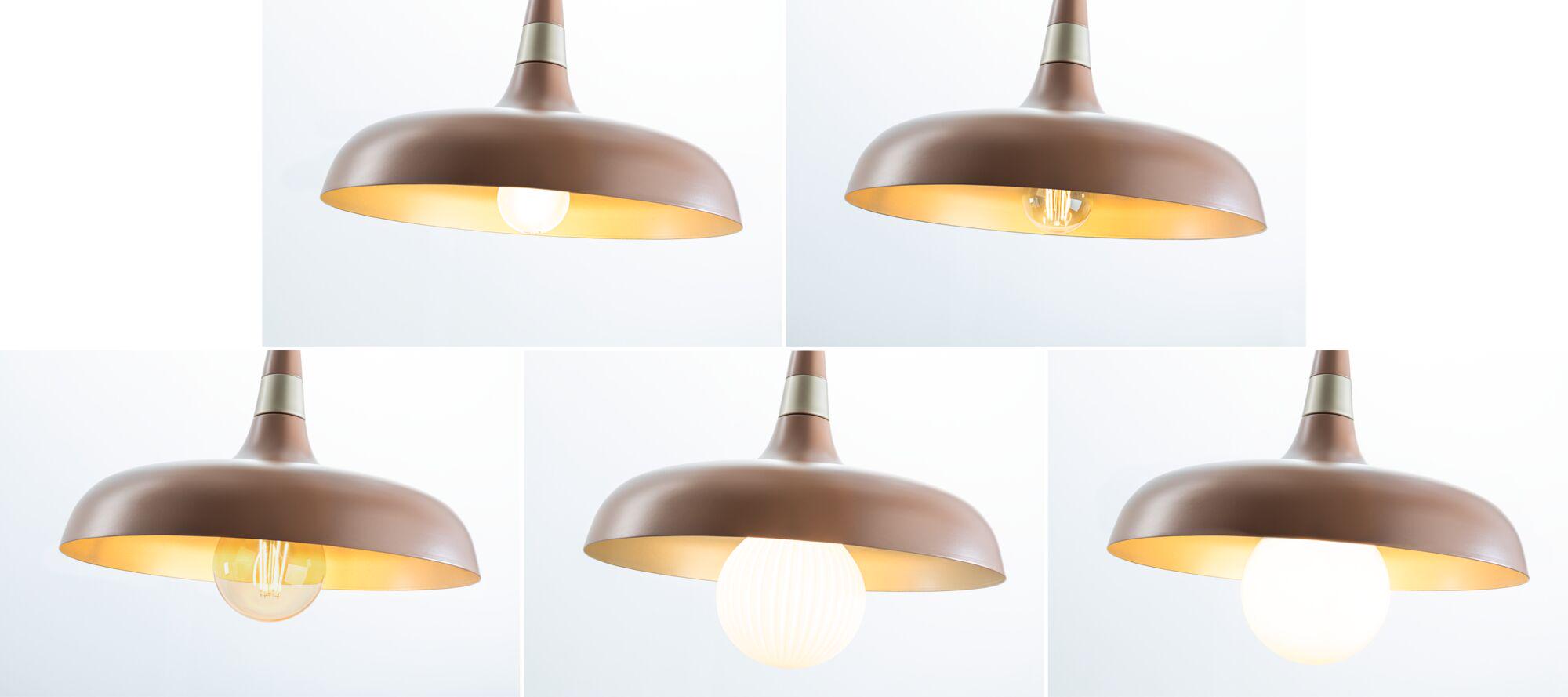 Nowoczesna brązowa metalowa lampa wisząca z ciepłym światłem i różnymi typami żarówek do wnętrz