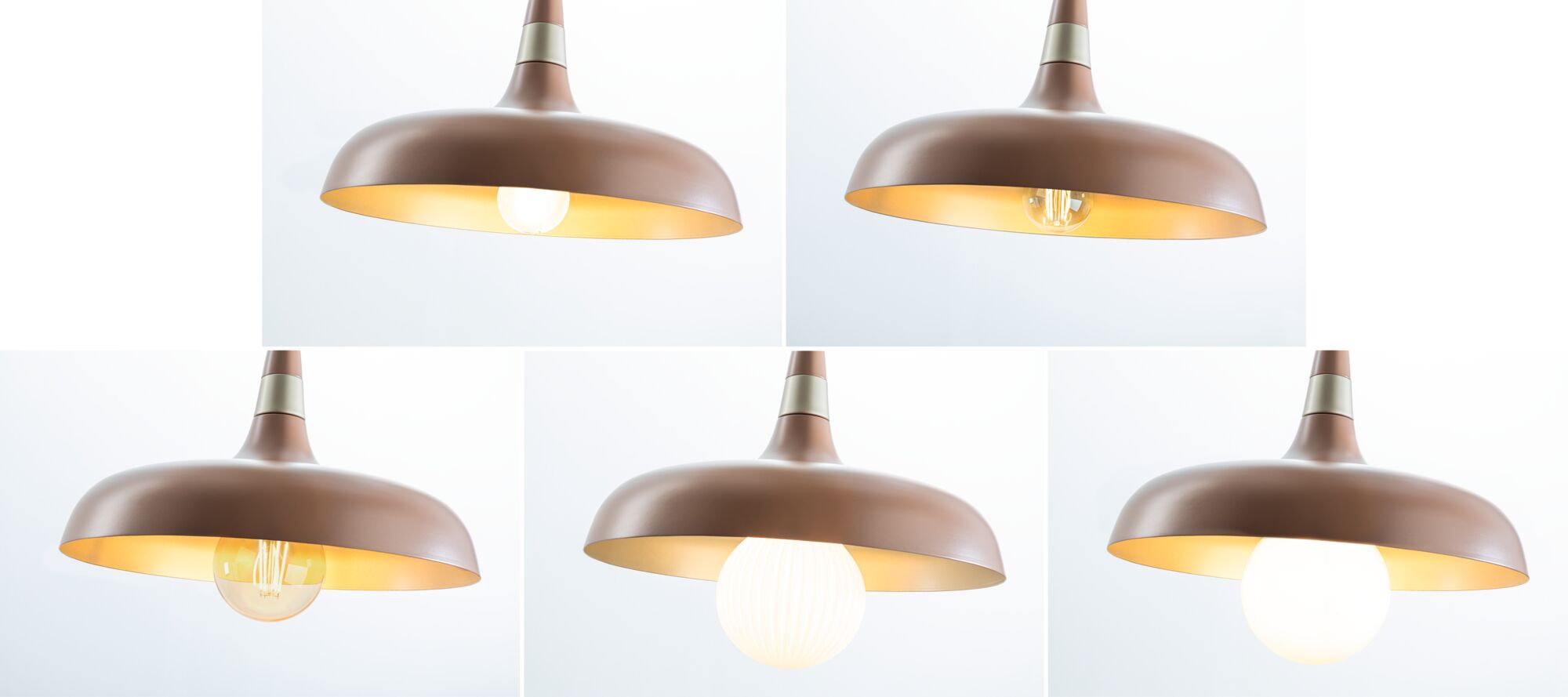 Nowoczesna brązowa metalowa lampa wisząca z ciepłym światłem i różnymi typami żarówek do wnętrz