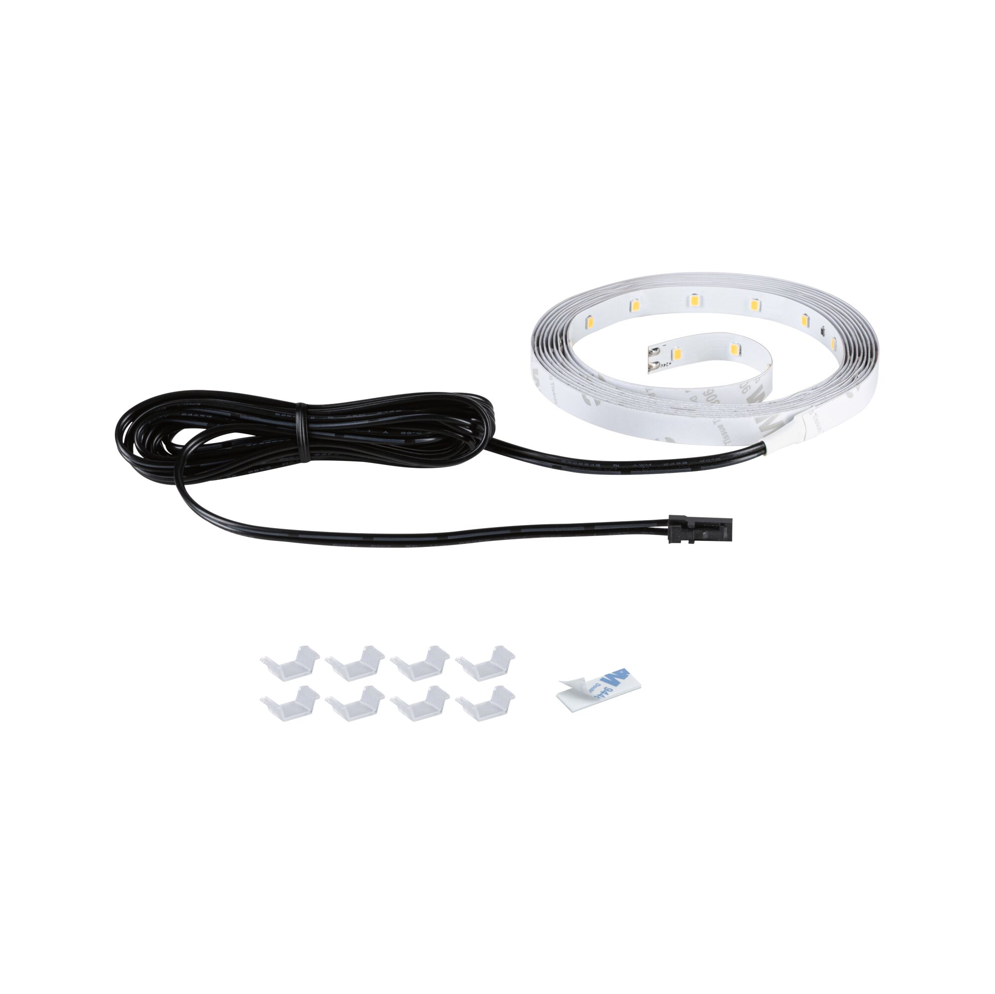 Weiße LED-Lichtleiste mit schwarzem Kabel und transparenten Halterungen für flexible Beleuchtungslösungen
