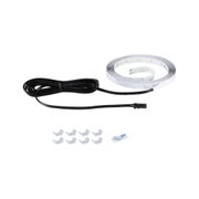 Weiße LED-Lichtleiste mit schwarzem Kabel und transparenten Halterungen für flexible Beleuchtungslösungen