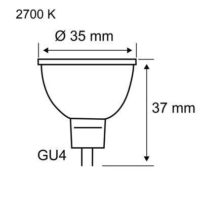 Technische Zeichnung einer GU4 LED-Lampe mit 35 mm Durchmesser und 37 mm Höhe, 2700 K Lichtfarbe