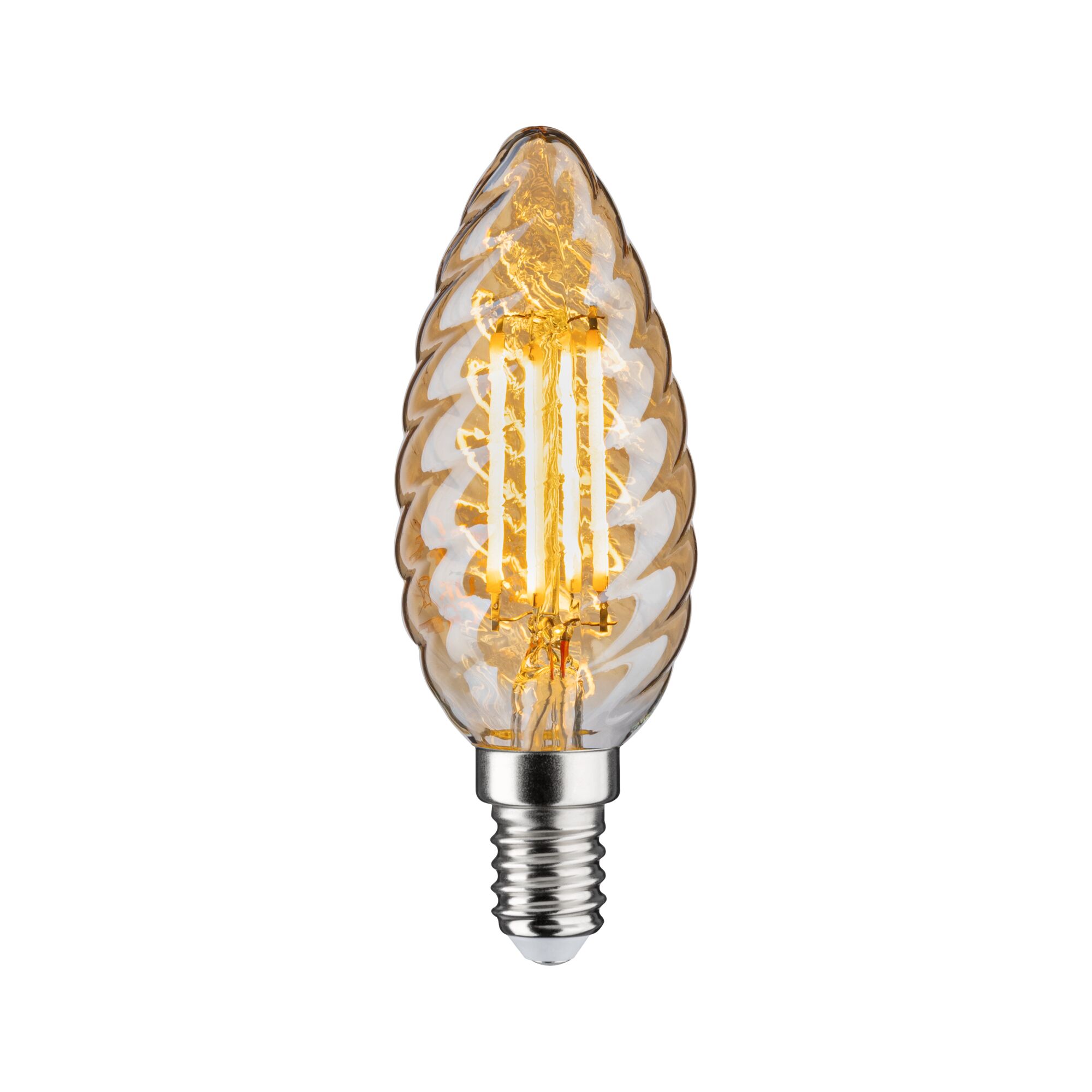 Vintage Edition Standard 230V LED świeca E14 szkło obrócone 430lm 4,7W 2500K ściemnialny Złoty Vintage flame-shaped LED bulb with wavy amber glass and E14 base for decorative lighting