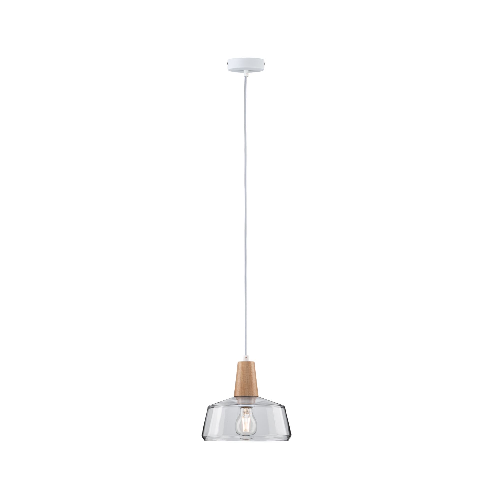 Pendant lamp with clear glass and wood detail, modern hanging light for living spaces, lighting design