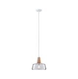 Pendant lamp with clear glass and wood detail, modern hanging light for living spaces, lighting design