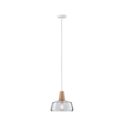 Pendant lamp with clear glass and wood detail, modern hanging light for living spaces, lighting design