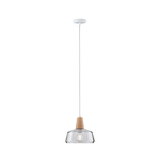 Pendant lamp with clear glass and wood detail, modern hanging light for living spaces, lighting design