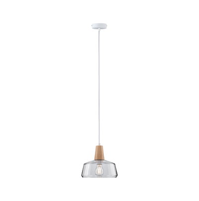 Pendant lamp with clear glass and wood detail, modern hanging light for living spaces, lighting design