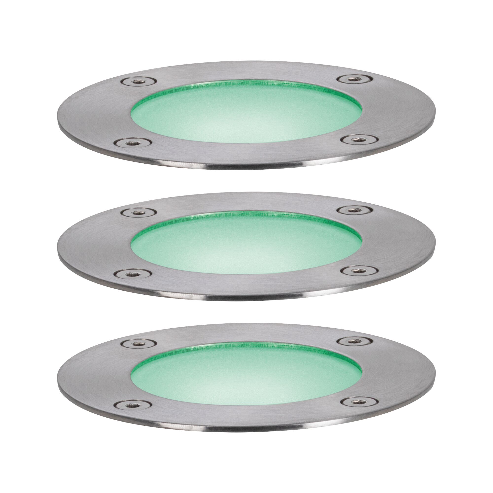 Three round stainless steel recessed lights with green glass and screws for outdoor lighting.