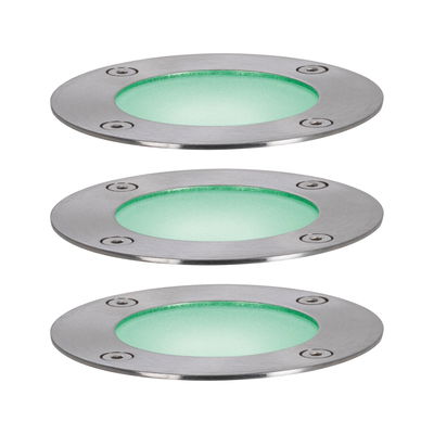 Three round stainless steel recessed lights with green glass and screws for outdoor lighting.