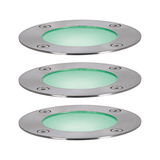 Three round stainless steel recessed lights with green glass and screws for outdoor lighting.