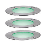 Three round stainless steel recessed lights with green glass and screws for outdoor lighting.
