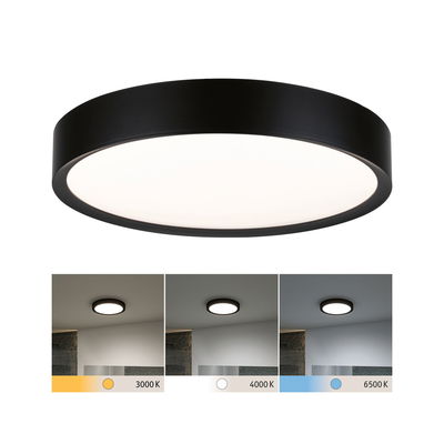 Round LED ceiling light with black metal frame and adjustable color temperature from 3000 to 6500 K.