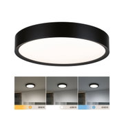 Round LED ceiling light with black metal frame and adjustable color temperature from 3000 to 6500 K.