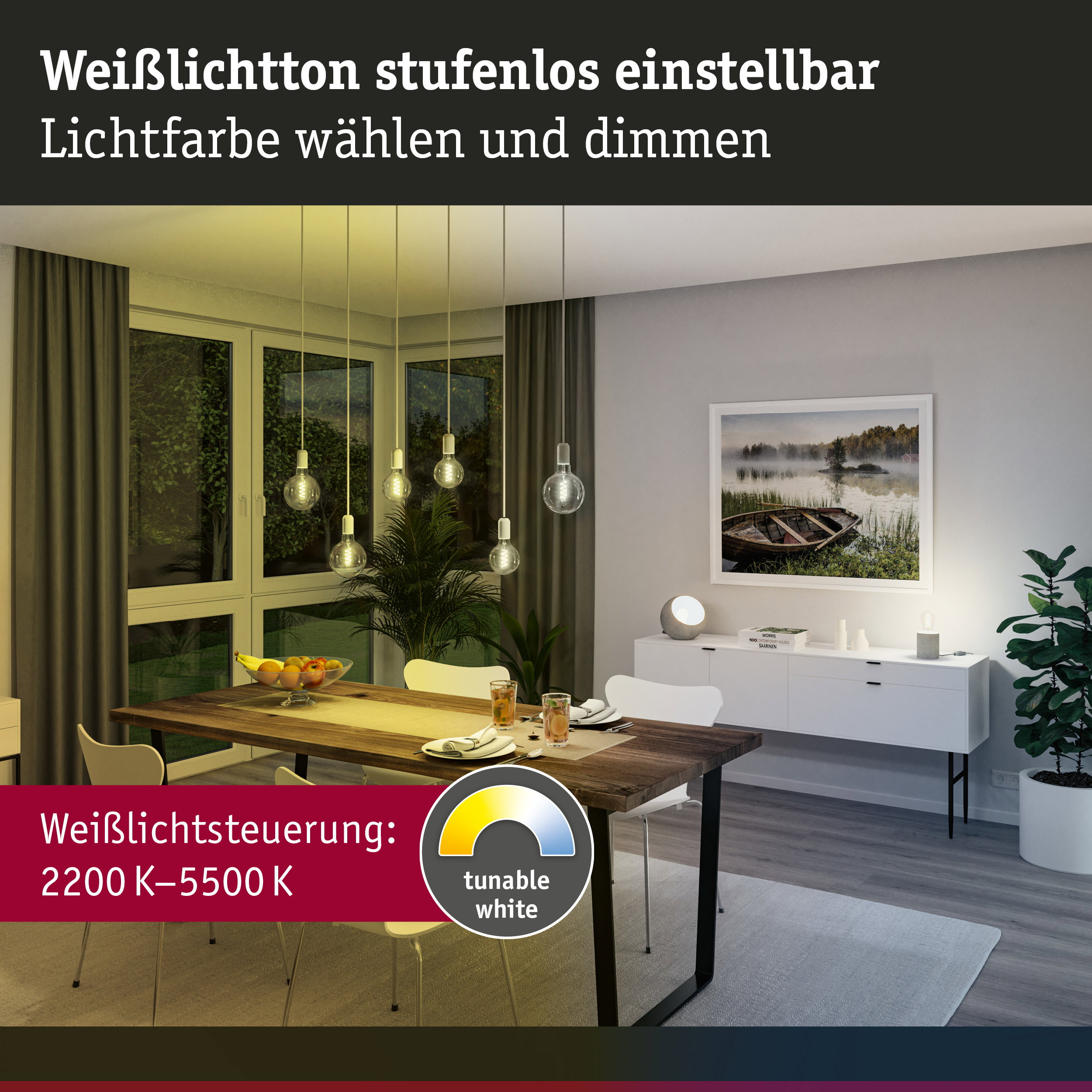 Moderne Esszimmerbeleuchtung mit dimmbaren, weißen LED-Glühbirnen und einstellbarer Lichtfarbe