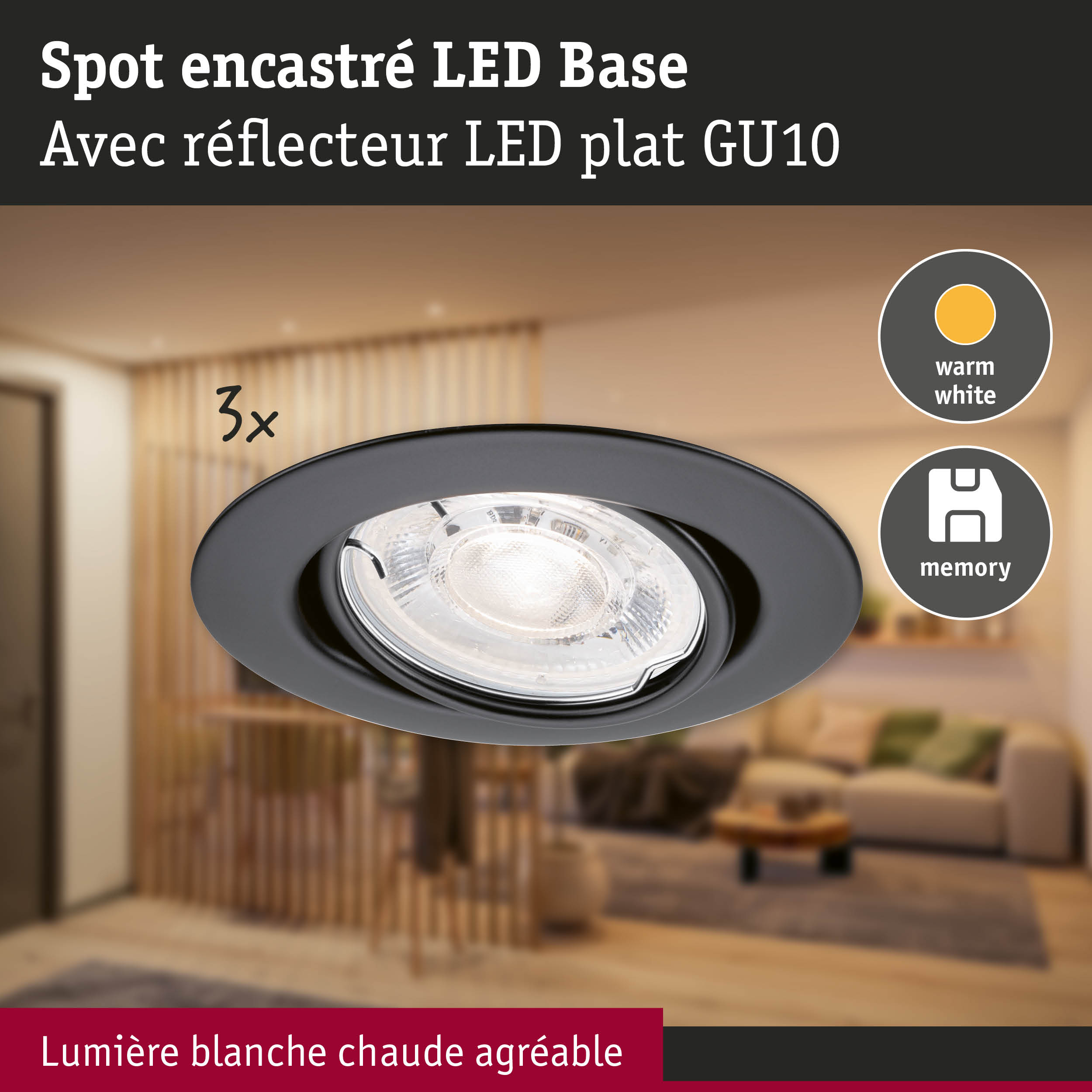 Spot LED encastré noir avec réflecteur plat GU10 et lumière blanc chaud pour salon