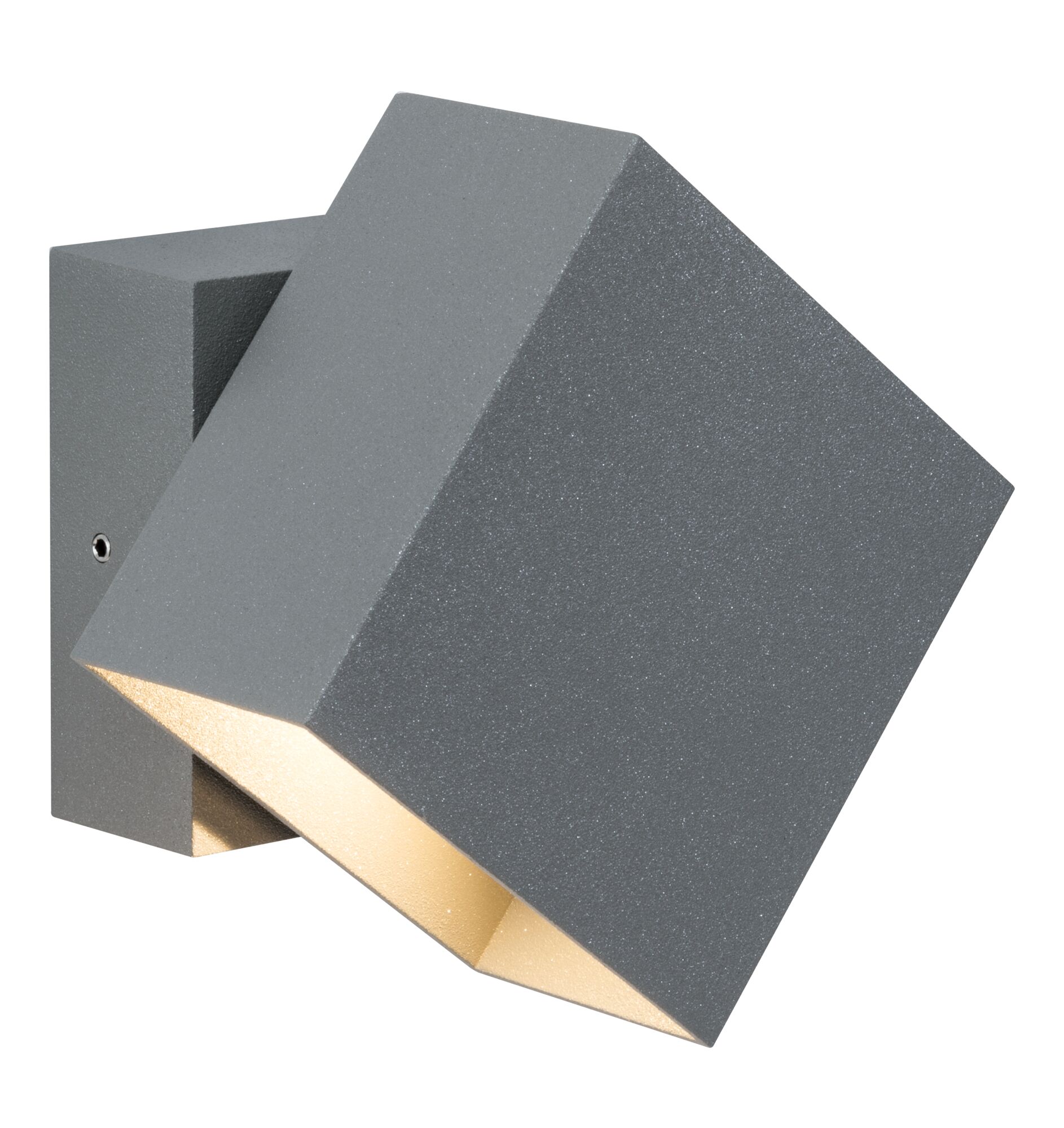 Graue Aluminium-Wandleuchte mit kubischem Design und warmweißem Licht für moderne Innenbeleuchtung