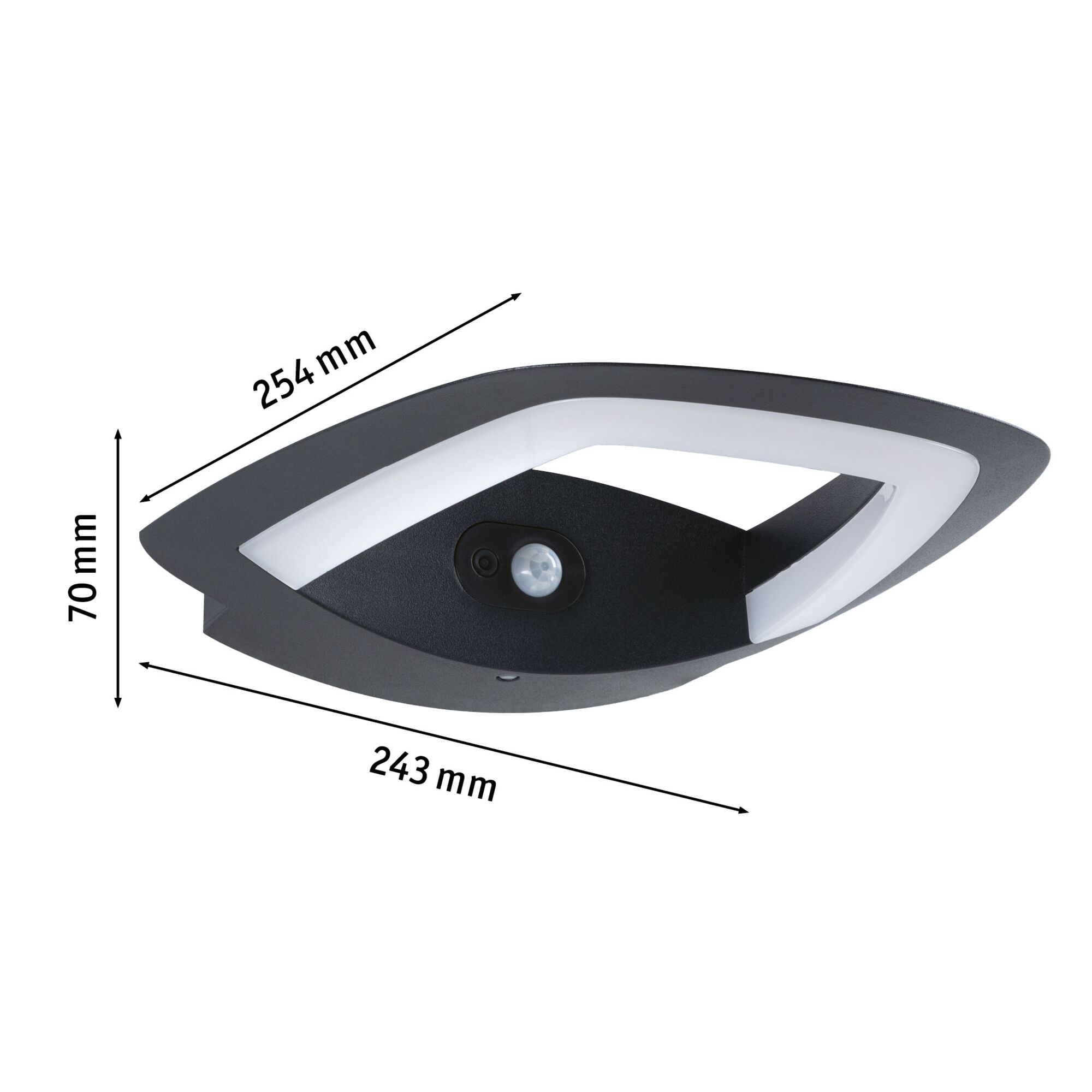 Zwarte LED-wandlamp met bewegingssensor en witte lichtstrip, afmetingen 254x243x70 mm, moderne buitenverlichting