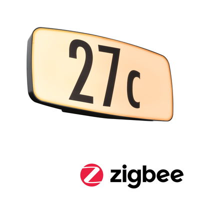 Illuminated house number sign 27c in black on warm white background with Zigbee logo
