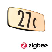 Illuminated house number sign 27c in black on warm white background with Zigbee logo