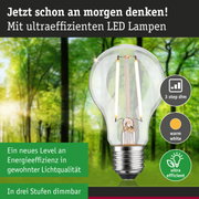 Klarer LED-Leuchtmittel mit warmweißem Licht und hoher Energieeffizienz, dimmbar in drei Stufen
