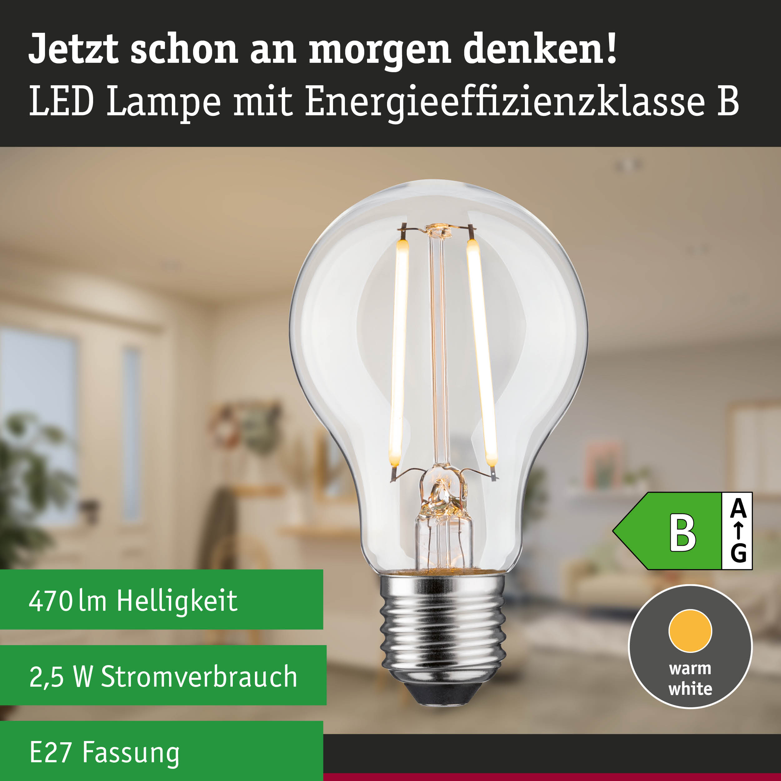 Klarer LED-Leuchtmittel mit warmweißem Licht und hoher Energieeffizienz, dimmbar in drei Stufen