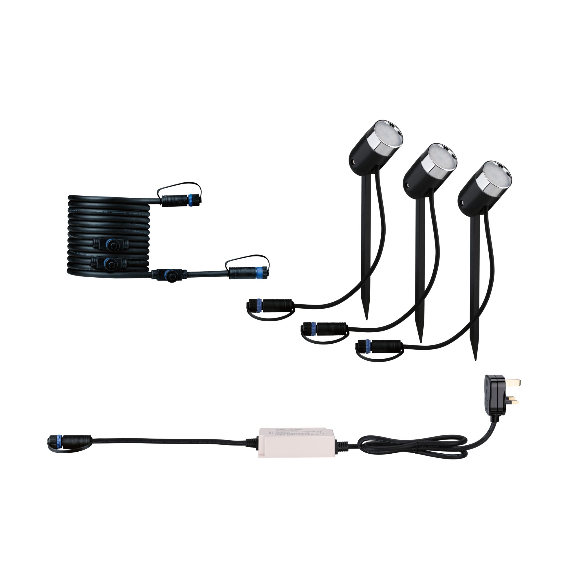 Three black LED garden spotlights with ground stakes and cable set for outdoor lighting and garden light.