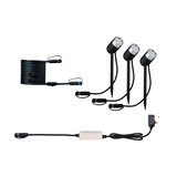 Three black LED garden spotlights with ground stakes and cable set for outdoor lighting and garden light.
