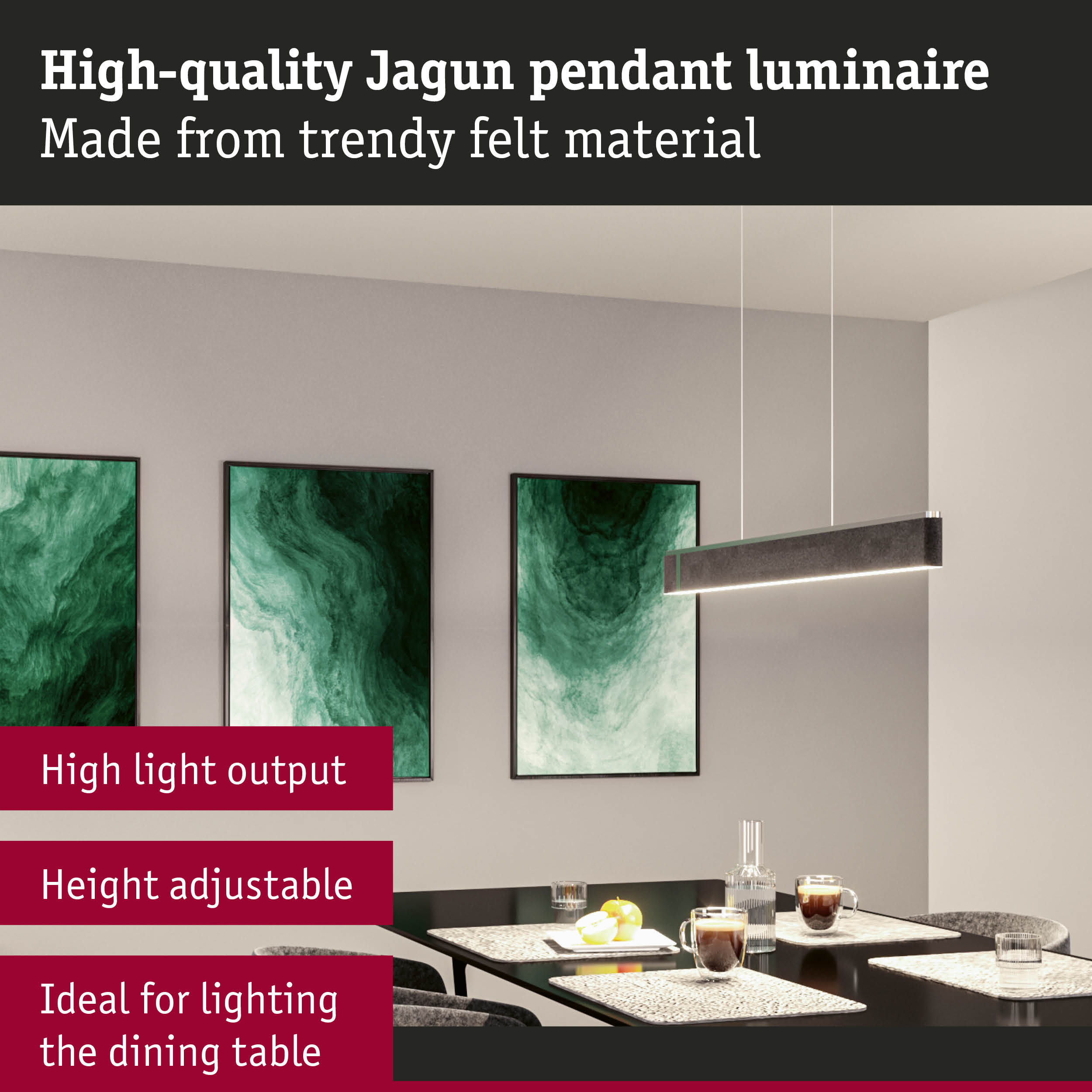 Modern Jagun felt pendant lamp in grey, height adjustable, perfect dining table lighting solution