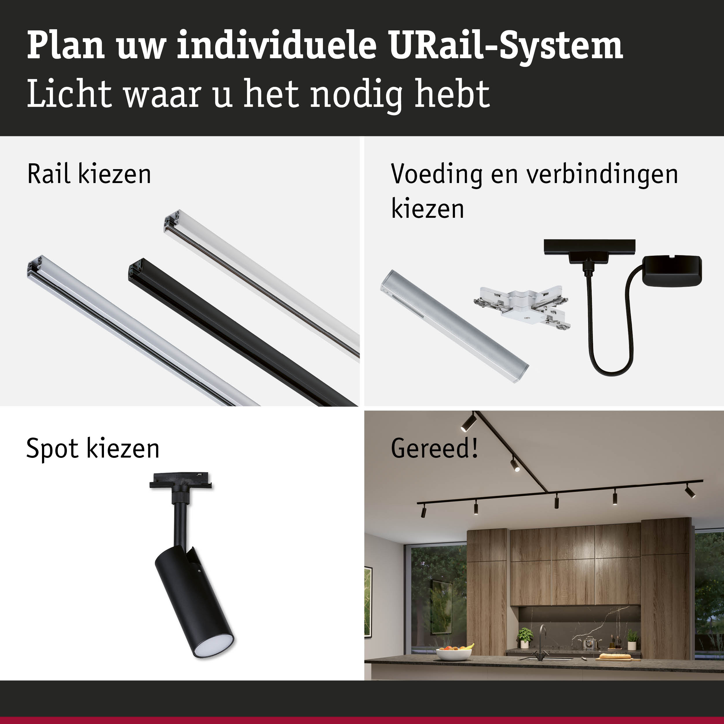 Modulair URail-systeem met aluminium rails in zwart en wit voor flexibele LED-verlichting