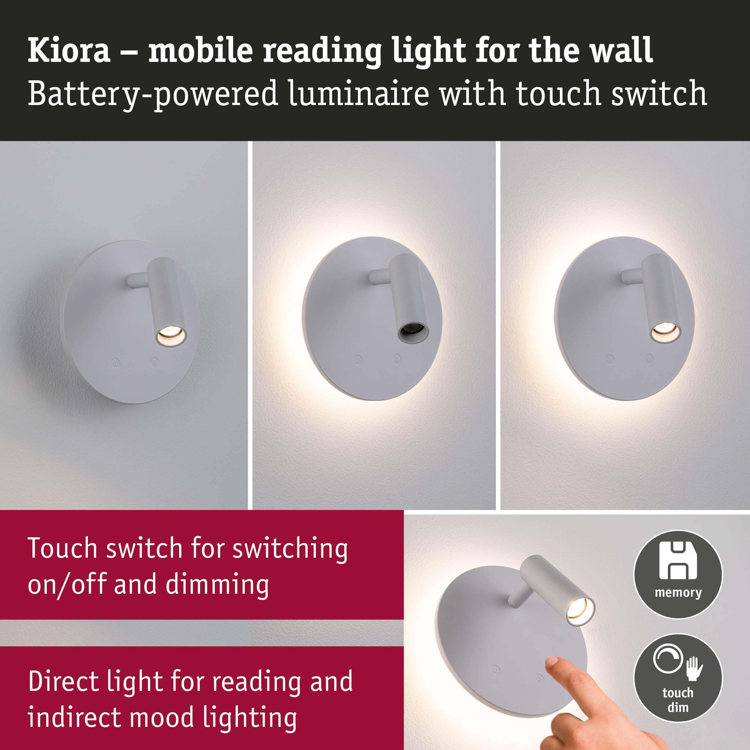 Kiora mobile white metal reading light with touch switch for direct and ambient lighting