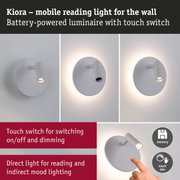 Kiora mobile white reading light with touch switch and battery-powered dimmable LED lamp