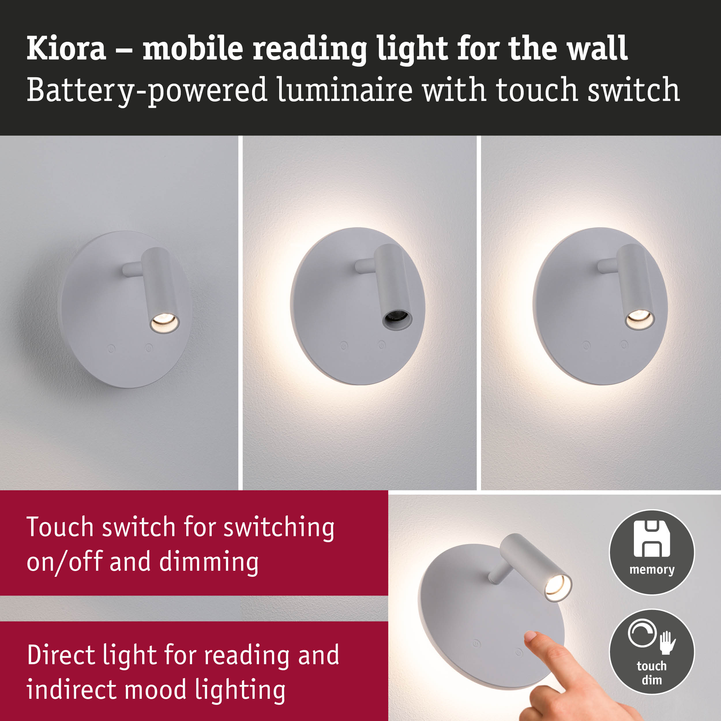Kiora mobile white reading light with touch switch and battery-powered dimmable LED lamp