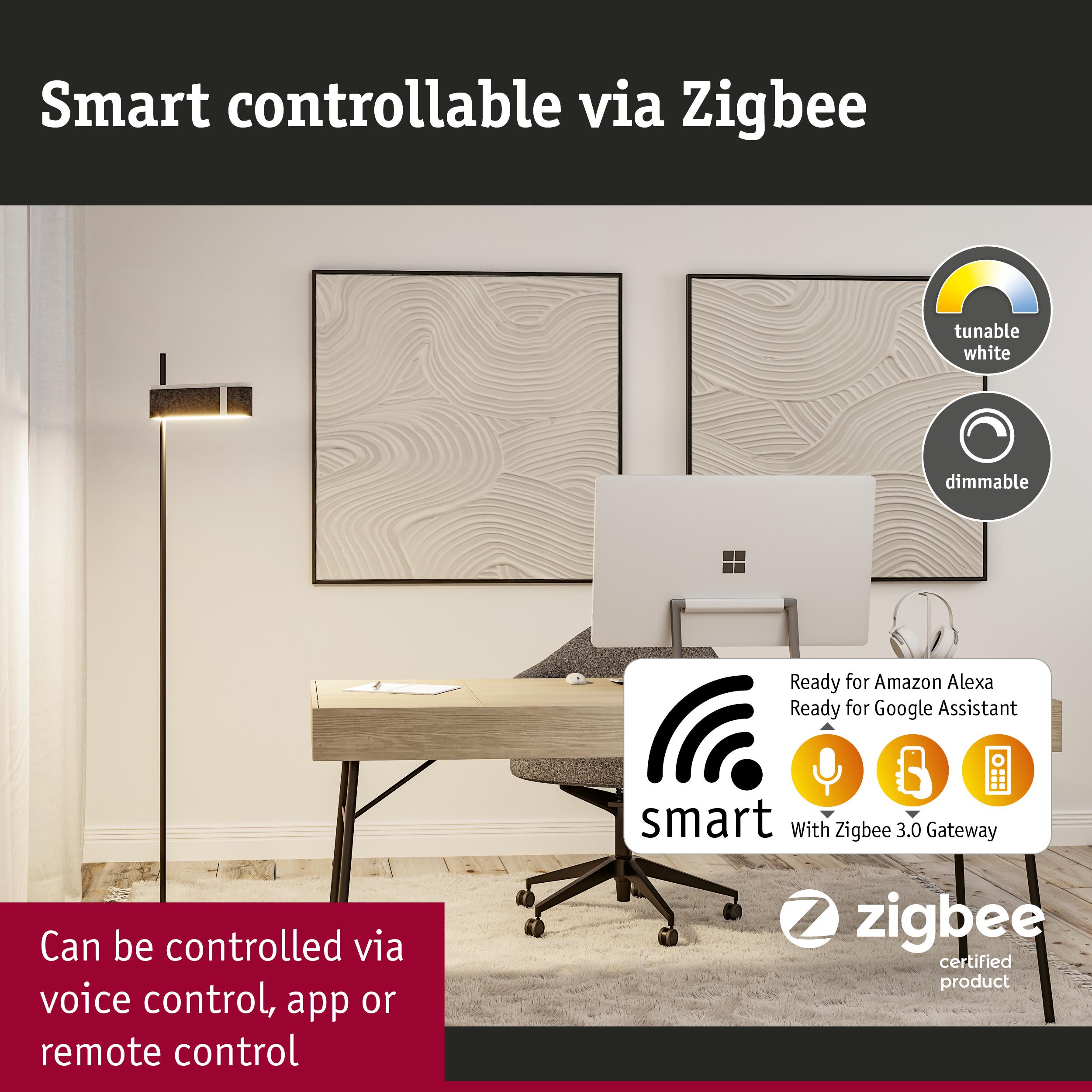 Modern black floor lamp with dimmable tunable white LED, smart home control via Zigbee and voice assistant