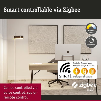 Modern black floor lamp with dimmable tunable white LED, smart home control via Zigbee and voice assistant