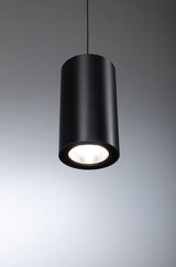 Schwarze zylindrische LED-Pendelleuchte aus Metall mit direktem Licht für moderne Innenräume