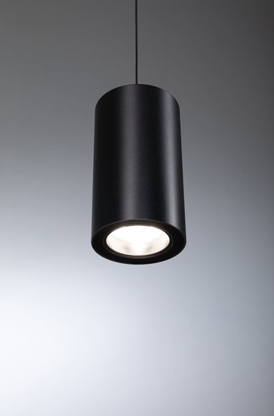 Schwarze zylindrische LED-Pendelleuchte aus Metall mit direktem Licht für moderne Innenräume