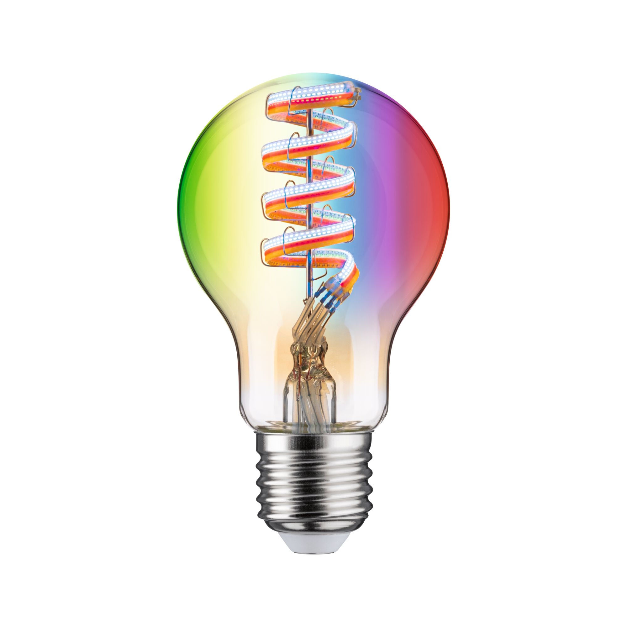 Colorful LED bulb with spiral filament and E27 base for decorative lighting and ambiance
