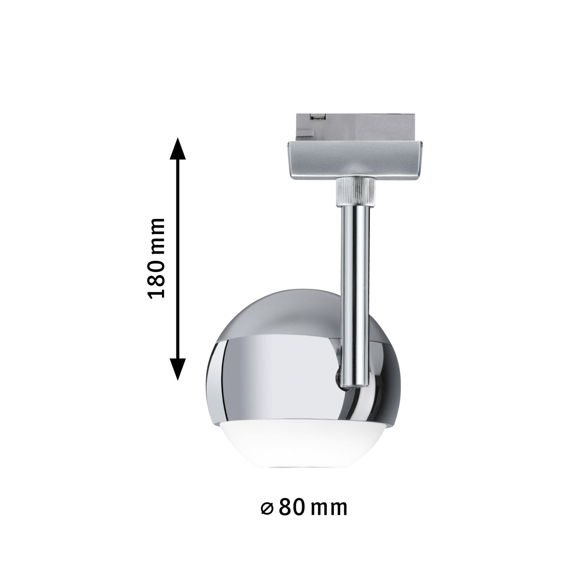 Compact chrome LED ceiling light with white glass, 180 mm height, 80 mm diameter, modern indoor lighting fixture