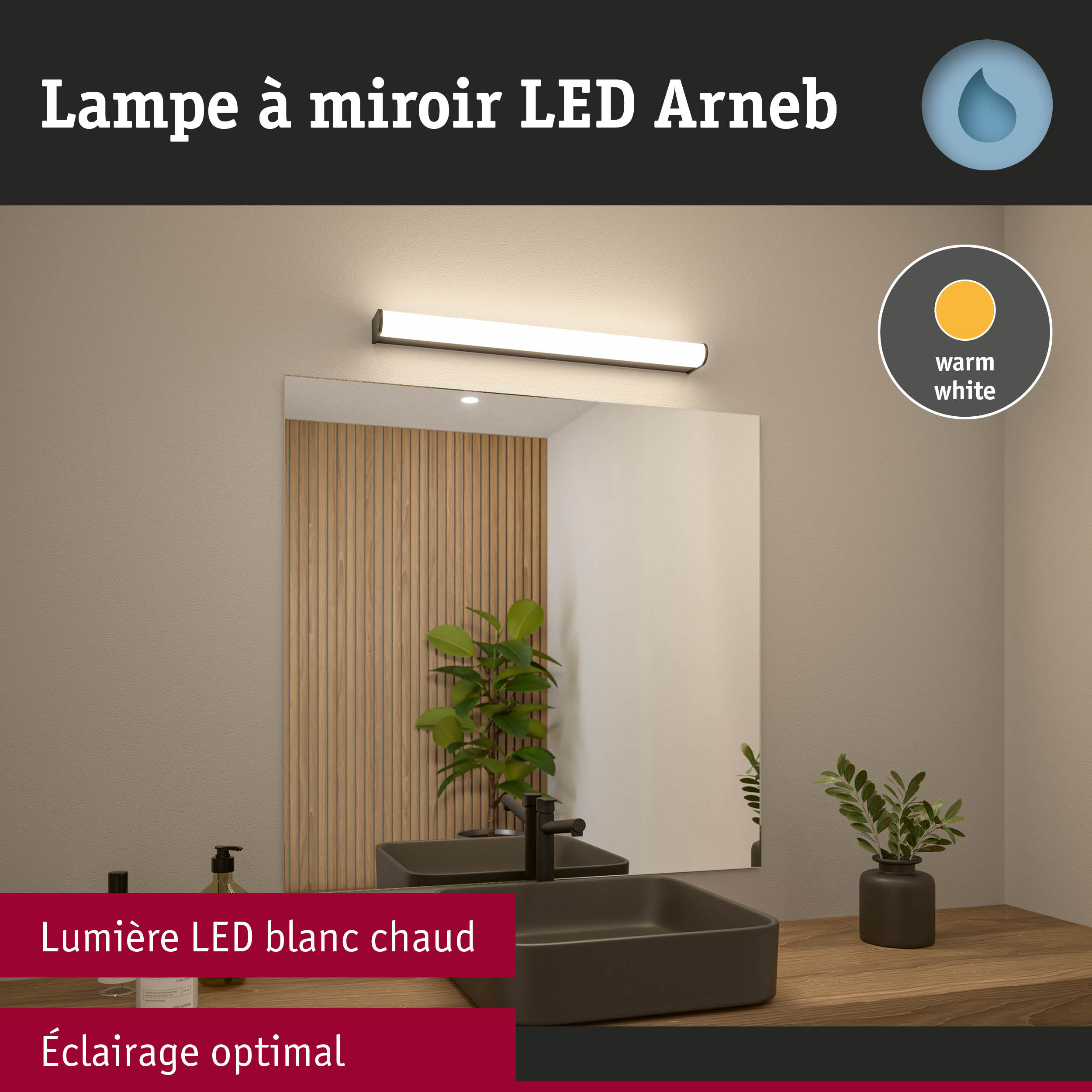 Lampe LED miroir Arneb en blanc chaud pour un éclairage optimal de salle de bain