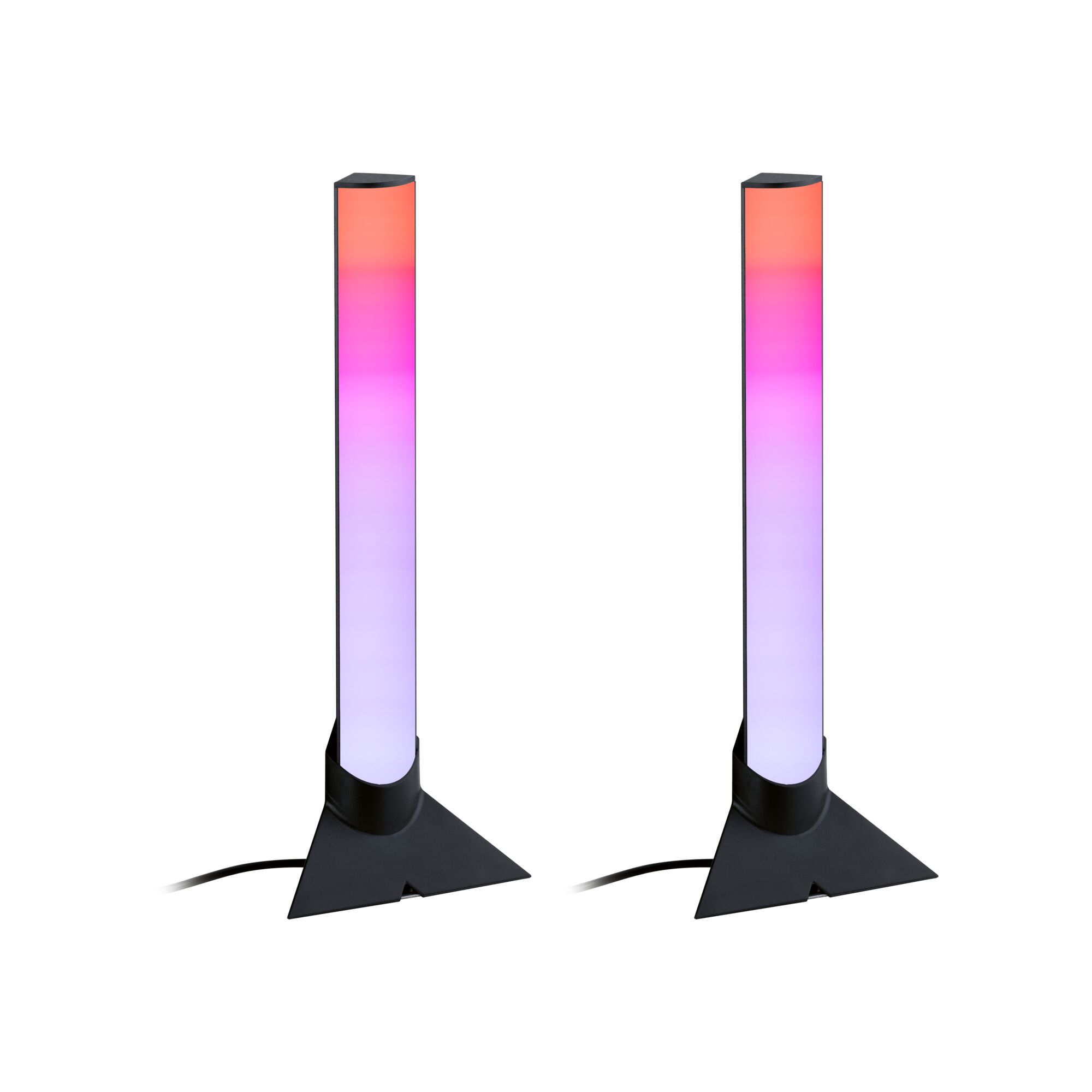 Deux barres lumineuses LED modernes avec base en plastique noir et éclairage multicolore pour ambiance.