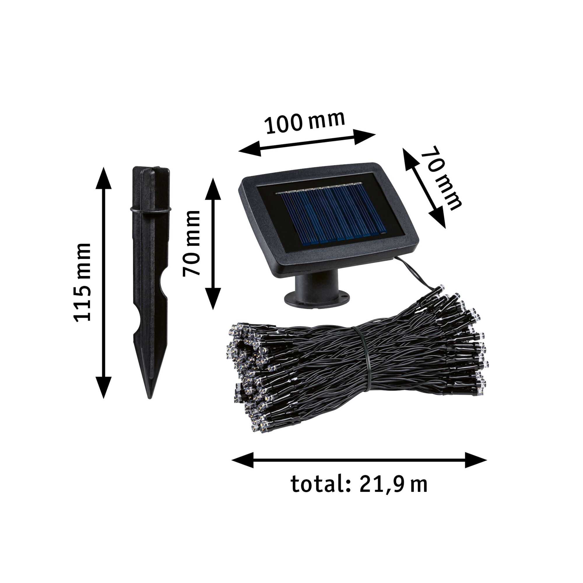 Black solar panel with 21.9 m LED string lights and ground stake, 100x70 mm, outdoor lighting