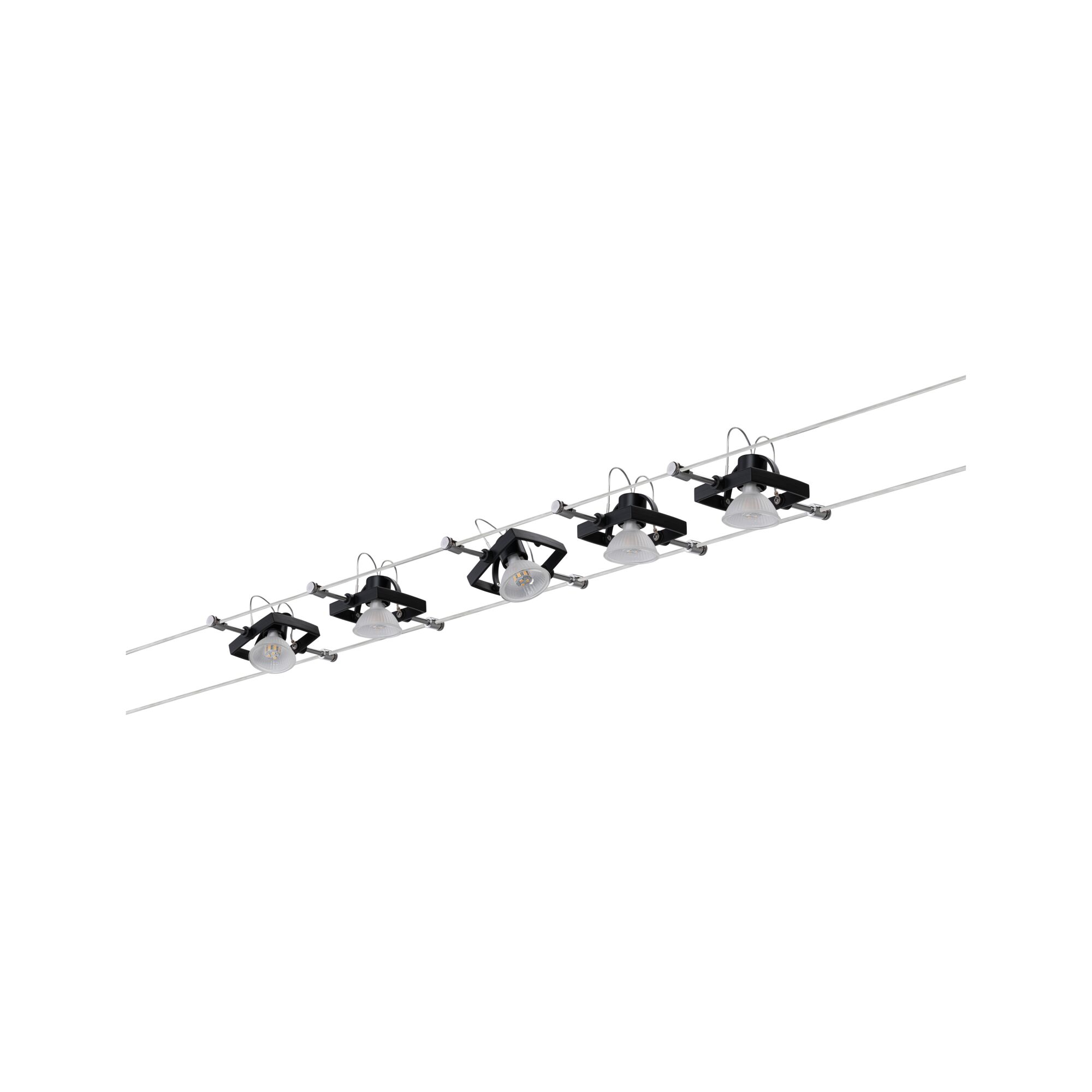Modern kabelverlichtingssysteem met vijf zwarte LED-spotlights en transparante kappen voor veelzijdige verlichting