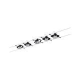 Modern cable lighting system with five black LED spotlights and clear shades for versatile illumination