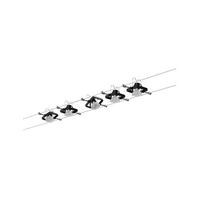 Modern cable lighting system with five black LED spotlights and clear shades for versatile illumination