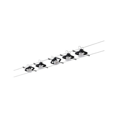 Modern kabelverlichtingssysteem met vijf zwarte LED-spotlights en transparante kappen voor veelzijdige verlichting