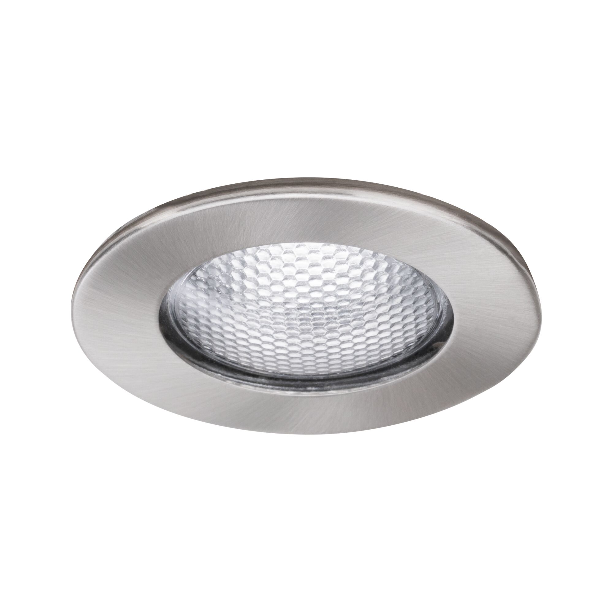 Round recessed LED light made of brushed stainless steel with textured lens for accent lighting