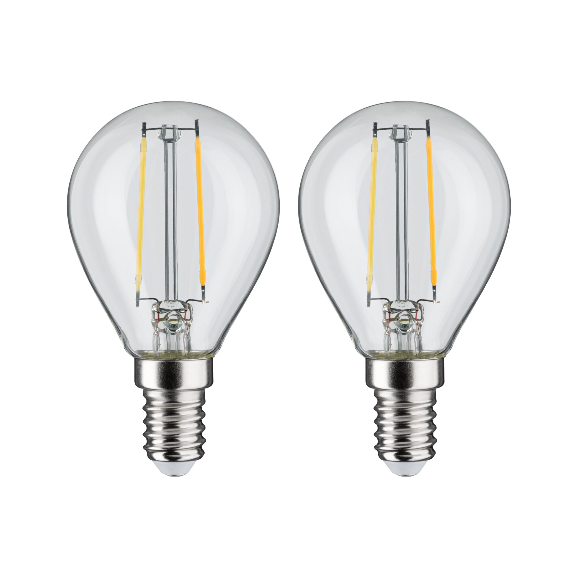 Two clear LED filament bulbs with E14 base for energy-efficient lighting solutions.