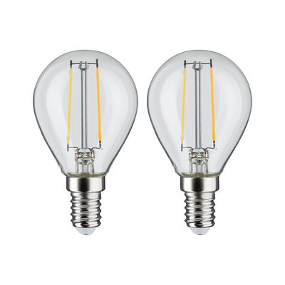 Two clear LED filament bulbs with E14 base for energy-efficient lighting solutions.