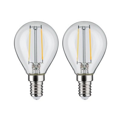 Zwei klare LED-Filament-Glühbirnen mit E14-Fassung für energiesparende Beleuchtung.