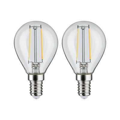 Zwei klare LED-Filament-Glühbirnen mit E14-Fassung für energiesparende Beleuchtung.